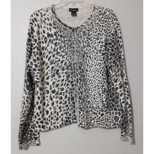 Cami Angora XL Gray Ivory Animal Print Pearl Rhinestone Cardigan Sweater Lg SLV